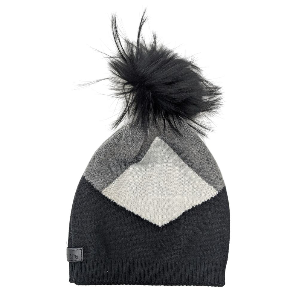 Maniere Color Block Knit Hat W/ Charcoal‎ White Fur Pom Wool-Blend Cozy One Size